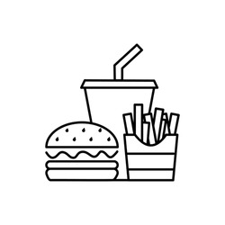 Hamburger soft drink and french fries, Fast food icon sign, Outline flat design on white background.