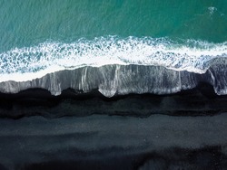 Iceland Black Sand Beach Waves Reynisfjara Vik Aerial Drone