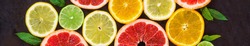 banner of citrus food pattern on white background - assorted citrus fruits with mint leaves on black background.