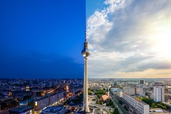 Panoramic view over Berlin at evening, Day and night collage with lens flare 