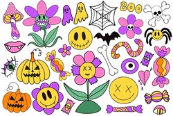 Groovy halloween stickers set in retro 70s style. Psychedelic collection of hippie design elements. The power of monster flowers. 