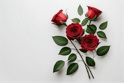 Flowers creative composition. Bouquet of red roses rose plant with leaves isolated on white background. Flat lay, top view, copy space	
