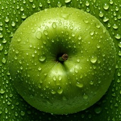 Creative fruits composition. Close up of Beautiful green whole apple glistering with dew water droplet. flat lay top view. seamless