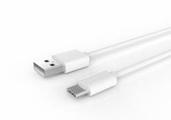 3D illustration of white USB cable plug and micro usb plug on white with shadow.