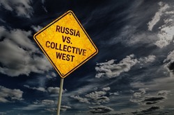 Dark blue sky with cumulus clouds and yellow rhombic road sign with text Russia vs. Collective West