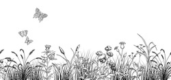 Field butterflys over flowers and grass landscape, black and white, vector illustration