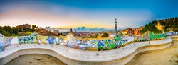 Barcelona at sunrise viewed from public park Guell, Spain
