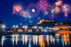 Fireworks panorama of Wurzburg in Bavaria, Germany, view of the Marienberg Fortress 
