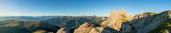 Panorama of Seceda peaks. Trentino Alto Adige, Dolomites Alps, South Tyrol, Italy