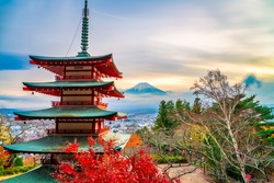 Autum scenery of Japan landmark. Chureito pagoda near Fuji mountain 