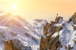 Aiguille du Midi, Mont Blanc, France, Beautiful Sunrise Over Mountain Landscape, Lone Male Mountain Climber 