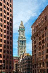 The Custom House Tower, clock tower surrounded by houses, Boston, Massachusetts, USA 