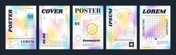 Trendy brutalism style posters with geometric shapes and gradient background. Modern minimalist monochrome print with simple figures and abstract graphic elements, vector poster template set