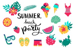 Summer beach party lettering. Set hand drawn icons, signs and banners. Bright summertime poster. Collection Summer hand drawn elements for summer holiday and party. Vector illustration.