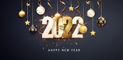 Happy new year 2022. Festive design with Christmas decorations, balls, streamer and garlands