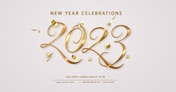 2023 Happy New Year elegant banner with falling confetti on bright background. 2023 Golden 3d numbe