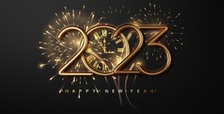 2023 clock and fireworks. Happy new year dark luxury background. Beautiful holiday Web banner