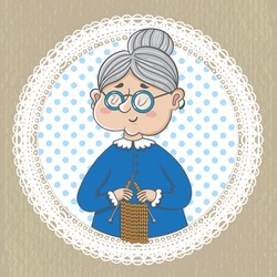 funny illustration. Cute grandmother  with  knitting on napkin