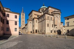 Rear view of Parma Cathedral, the most iconic landmark of Parma historic center, Emilia Romagna, Italy