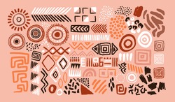 Abstract african art shapes collection, tribal doodle decoration set. Random ethnic shapes, animal print texture and traditional hand drawn icons.