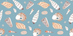 Diverse tropical beach sea shell seamless pattern. Summer marine animal background design. Vacation travel concept. Ocean snail collection flat cartoon backdrop illustration.