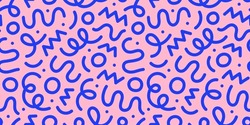 Fun pink line doodle seamless pattern. Creative abstract squiggle style drawing background for children or trendy design with basic shapes. Simple childish scribble wallpaper print.