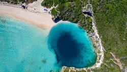 Aerial top down view of the famous Dean's Blue Hole on Long Island, Bahamas