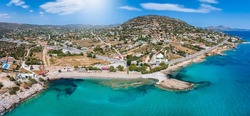 Panoramic view of the beach and coast of Agia Marina, south of Athens, Attica, Greece, with turquoise sea and beaches