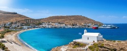 Panoramic view of the village and harbour Korrisia at Kea, Tzia island, Cyclades, Greece, with the church of Agios Giorgios in front