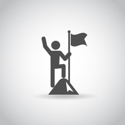Man with Flag stendind on the top of Mountain. Icon. Success concept