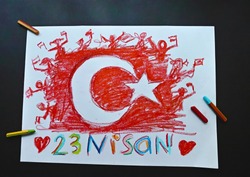 
Colorful hand drawing made with Turkish flag gouache paint for April 23 Children's Day. Translation of the text below: April 23