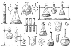 Set of different pharmaceutical flasks, beakers and test tubes. A sketch of chemical laboratory objects. Discovery and chemistry symbol.