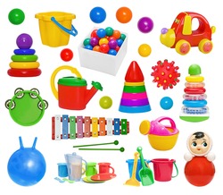 Set of plastic toys: pyramid, hand-pouring pot, glockenspiel, roly-poly, bucket, drum, massage ball, utensils, gymnastic ball isolated on white background