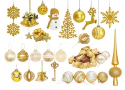 Big set of golden Christmas New Year baubles for Christmas tree ornaments, pine, spruce, balls, snowflakes, bells, reindeer, snowman, gift, tip, top, key isolated on white