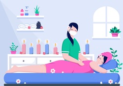 Massage Vector Illustration In Beauty Salon, Body Spa, Relaxation, Facial Essential And Skincare. Flat Design