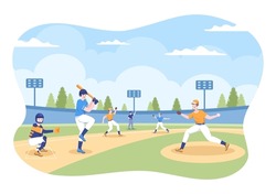 Baseball Player Sports Throwing, Catching or Hitting a Ball with Bats and Gloves Wearing Uniform on Court Stadium in Flat Cartoon Illustration