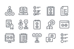 Survey and Questionnaire related line icon set. Checklist vector linear icon collection. Quiz and feedback report outline icons.
