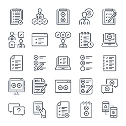 Survey related line icon set. Quiz and feedback linear icons. Quiz and exam outline vector sign collection.