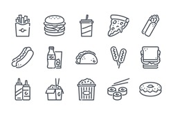 Fastfood related line icon set. Street food linear icons. Burger, hotdog and  sandwich outline vector signs and symbols collection.