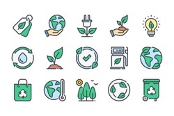 Ecology and Environment related color line icon set. Nature and Renewable Energy colorful linear icons. Eco friendly and Eco line icons flat color outline vector sign collection.