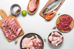 Mix of various raw meats on a gray pastel background. Beef, pork, fish, chicken and duck. Top view, flat lay. Meat assortment frame. Textured object, selective focus