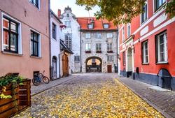 Autumn on medieval street in old Riga. The city is capital of Latvia that is well known to be a very popular tourism destination in the Baltic region 
