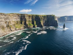 Aerial Ireland countryside tourist attraction in County Clare. The Cliffs of Moher and Burren Ireland. Epic Irish Landscape Seascape along the wild atlantic way. UNESCO Global Geopark