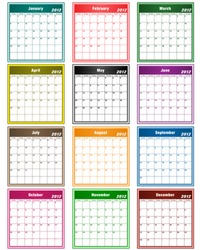 Calendar 2012 in assorted colors with large date boxes. Each month a different color. Raster also available.