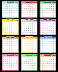 Calendar 2012 in assorted colors with large date boxes. Each month a different color. Raster also available.