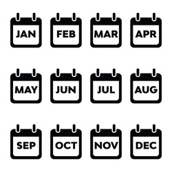 A set of basic calendar month icons in vector format.