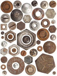 A huge collection of rusty bolts, screws, and nuts on a white background. Excellent for adding texture and extra details to your designs.