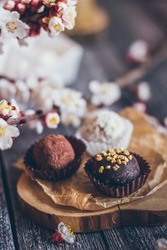 Spring collection of handmade chocolate bonbons candies and cherry flowers decoration on rustic wooden background.