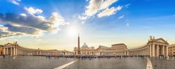 Panorama view of Saint Peter's Basilica and square on sunrise in Vatican, Italy