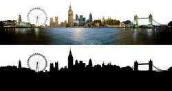 London skyline, with all important buildings and attractions of the city - photographic composition with corresponding alpha silhouette mask
